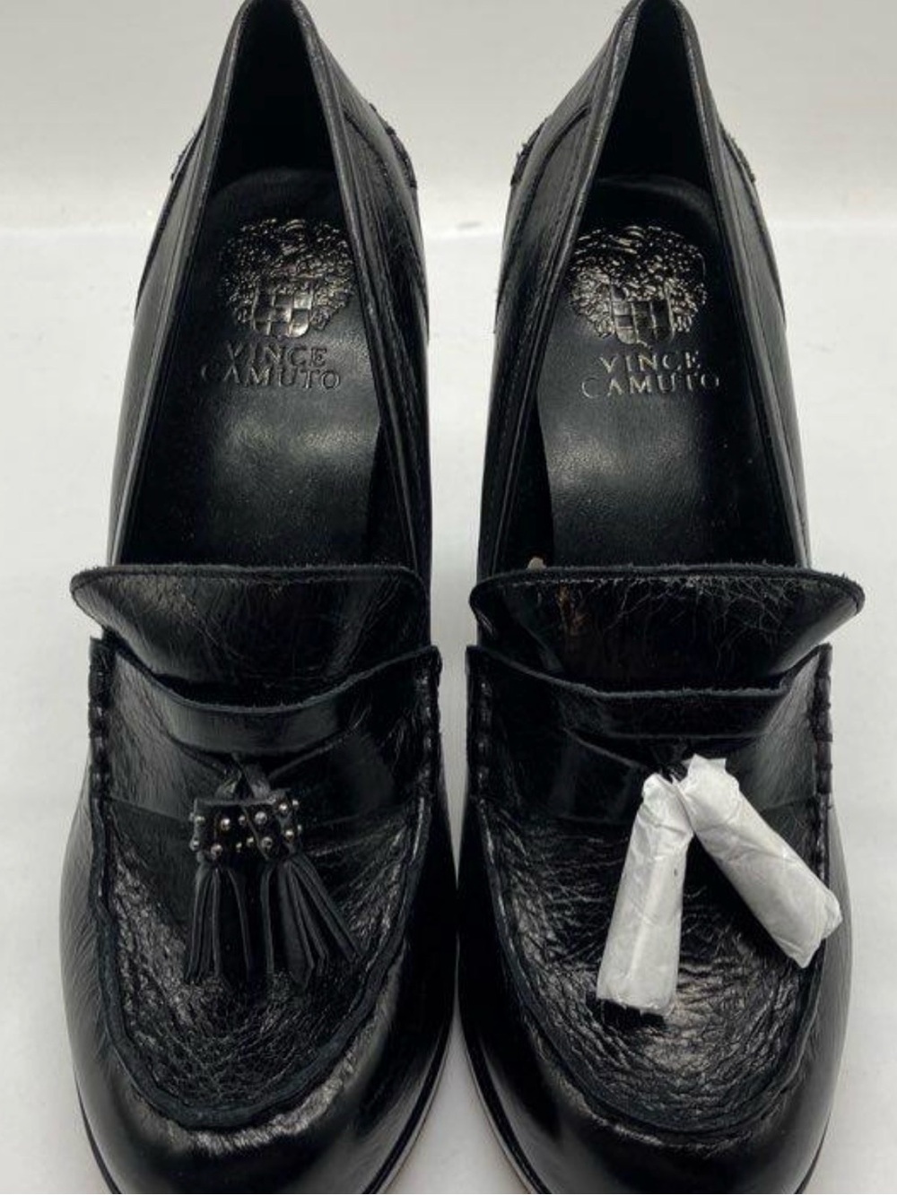 Vince Camuto Chelivia Block Heel Black Leather Tassel Loafers Size 8.5 M